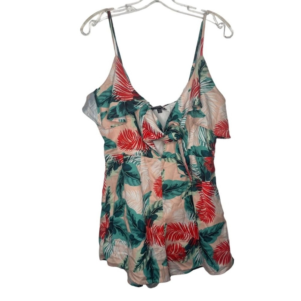 Fashion Nova Tropical Palm Leaf Print Romper Peach Green Red Large Tie Front